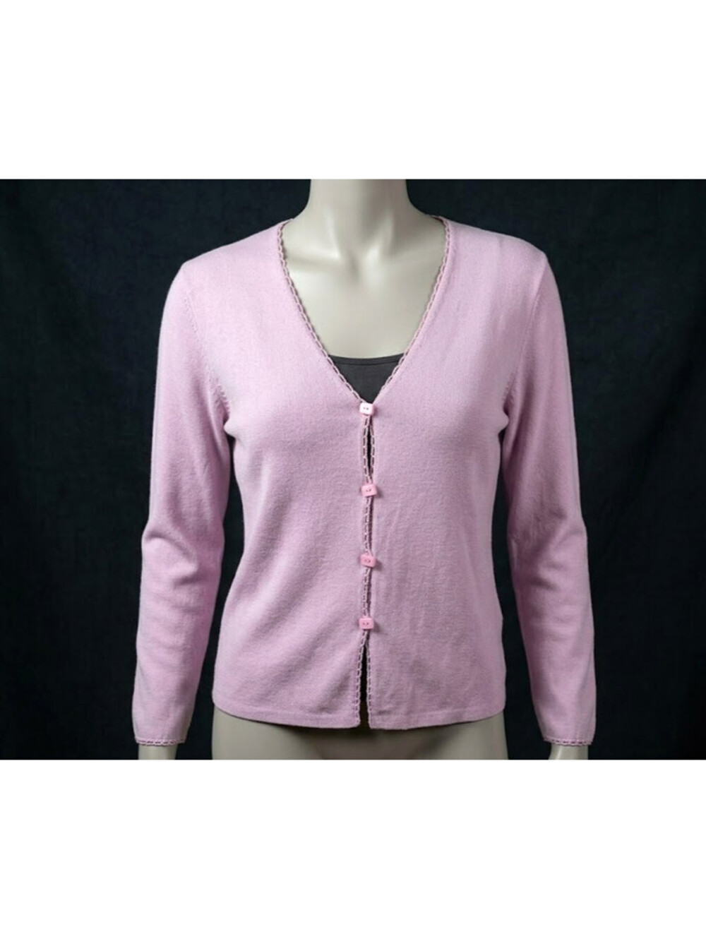 Sigrid Olsen Cardigan Sweater Womens Medium Pink Crochet Trim V-Neck Casual